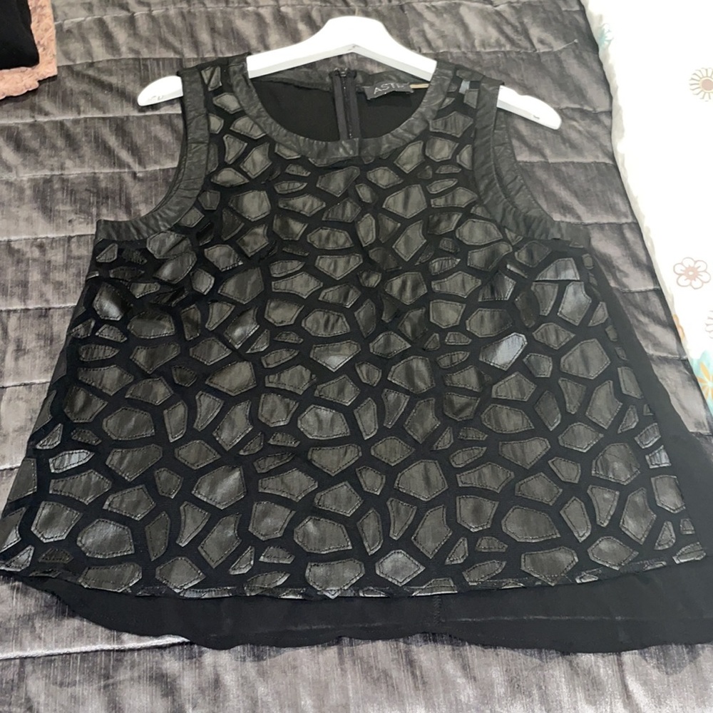 ASTR Black Mesh Tank Top Blouse With Faux Leather Animal Patch Print